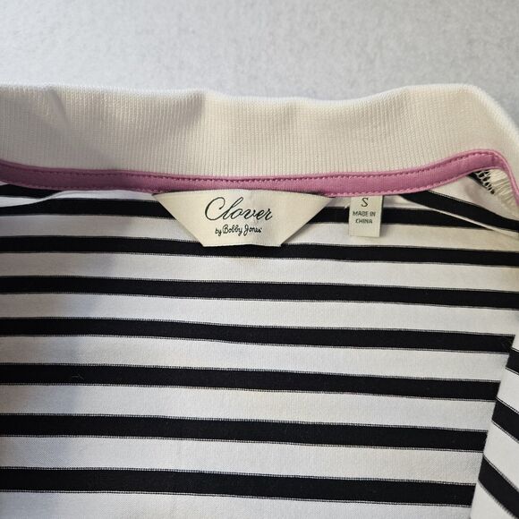 CLOVER By Bobby Jones Sz S Black & White Stripe Polo Womens Gold Button - Picture 6 of 8